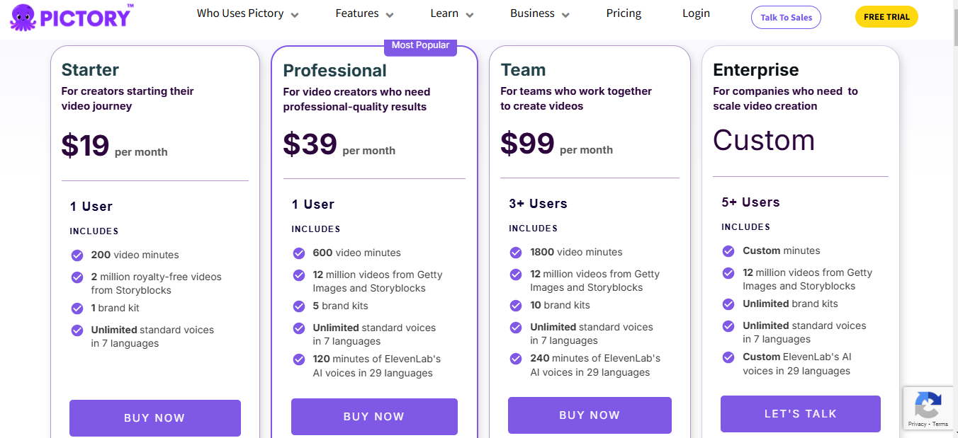 PictoryAI Pricing