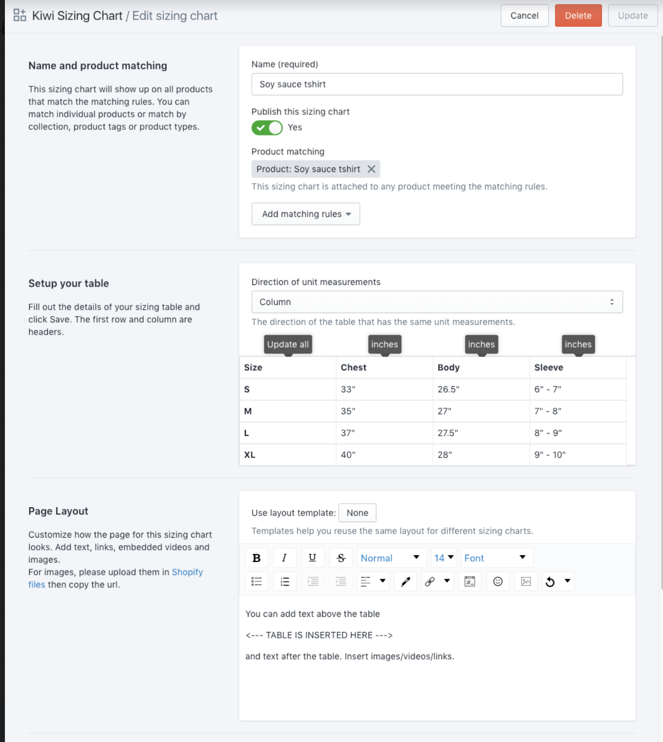 Size chart editor