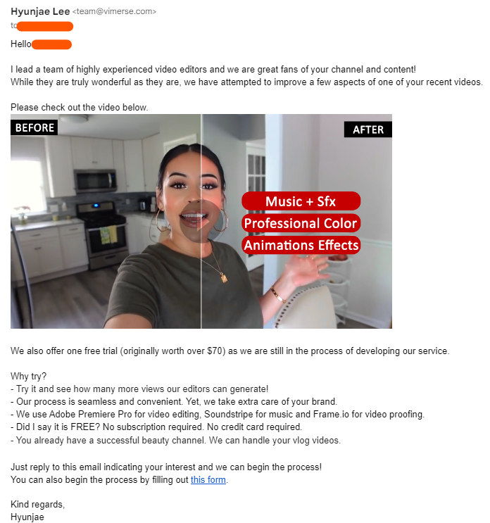 Example of an email we sent with a sample edit.